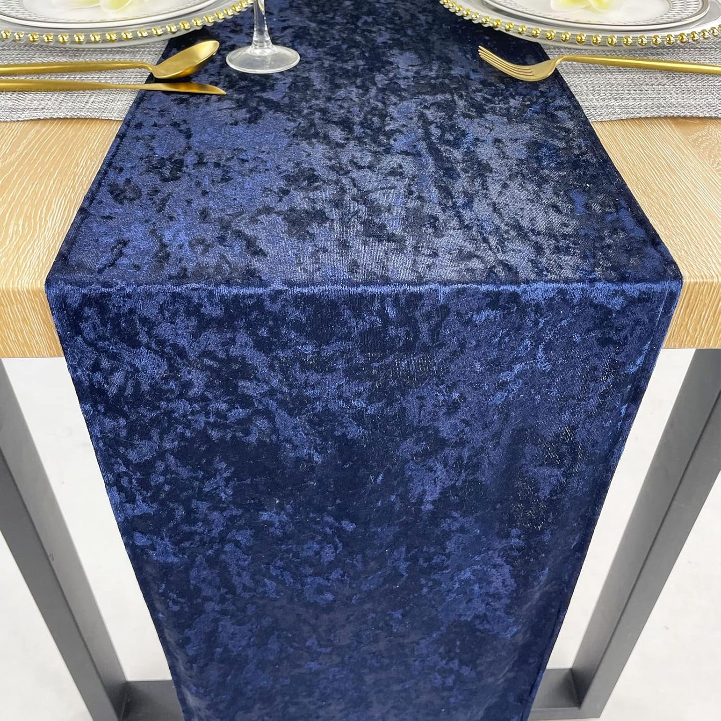 Luxurious Crushed Velvet Table Runner, Wedding Reception Decorations, Soft Velvet Fabric, Table Linen Overlay, Wedding Table Runners (Navy, 12X108 inch)