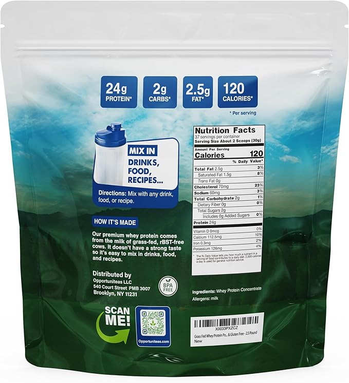 Opportuniteas Grass Fed Whey Protein Powder Concentrate - 1 Ingredient - Pure Protein Supplement for Drink, Smoothie, Shake, Cooking & Baking - Non GMO, Hormone Free & Gluten Free - 2.5 lbs