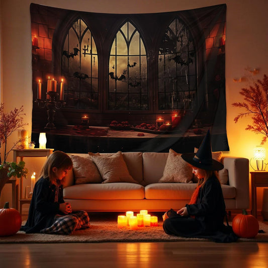 QGHOT Halloween Tapestry Wall Hanging Horror Castle Window Tapestry Gothic Spooky Backdrop Vampire Medieval Tapestries for Bedroom Living Room Dorm Wall Art Decor (78.7"x59.1")