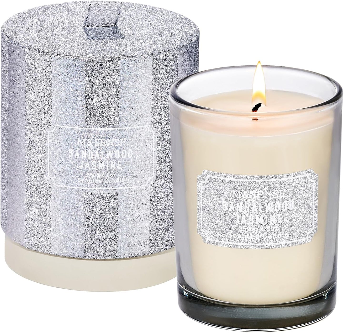 M&SENSE Sandalwood Jasmine Scented Candles, Classic Size 8.8 oz Glitter Jar, Holiday Natural Candles Gifts for Women, 50 Hours Long Burning for Winter Home Decor