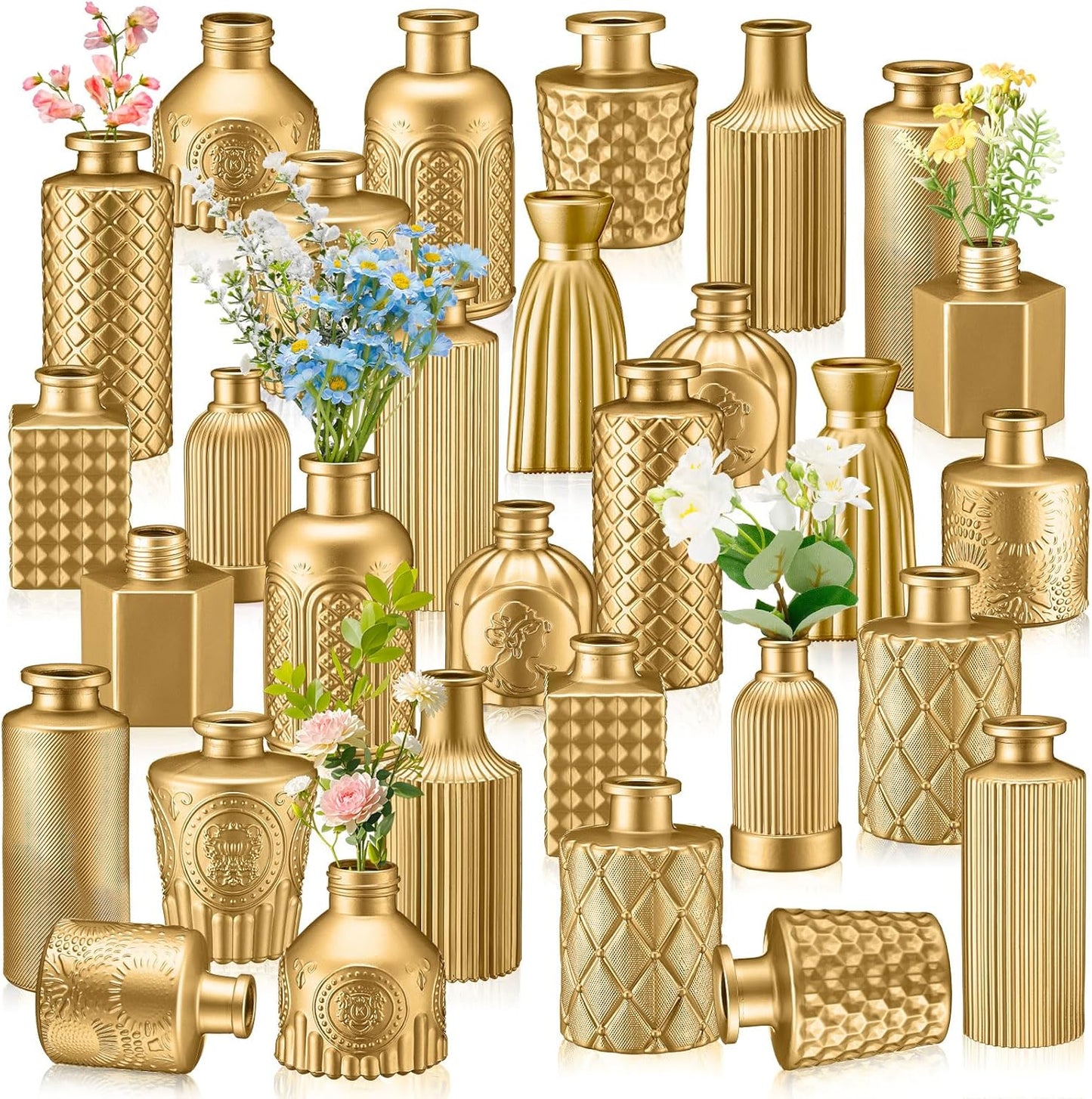 Yaomiao 30 Pcs Vases Bulk Colored Flower Glass Vases Bud Vintage Colored Glass Bottles Colorful Rustic Embossed for Home Wedding Table Decorations Gifts(Gold Series)
