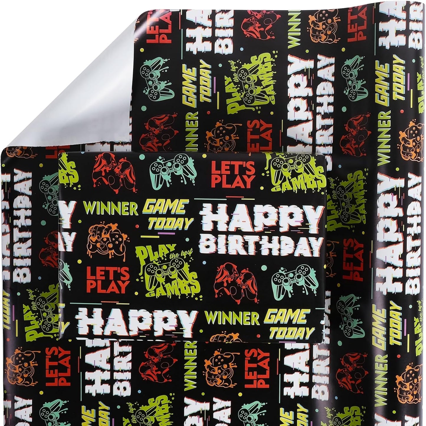 Aimyoo Gaming Birthday Wrapping Paper Roll - 17 Inch X 16.4 Feet - Black Happy Birthday Video Game Pattern Gift Wrap Paper for Boys Party, Baby Shower, Holiday