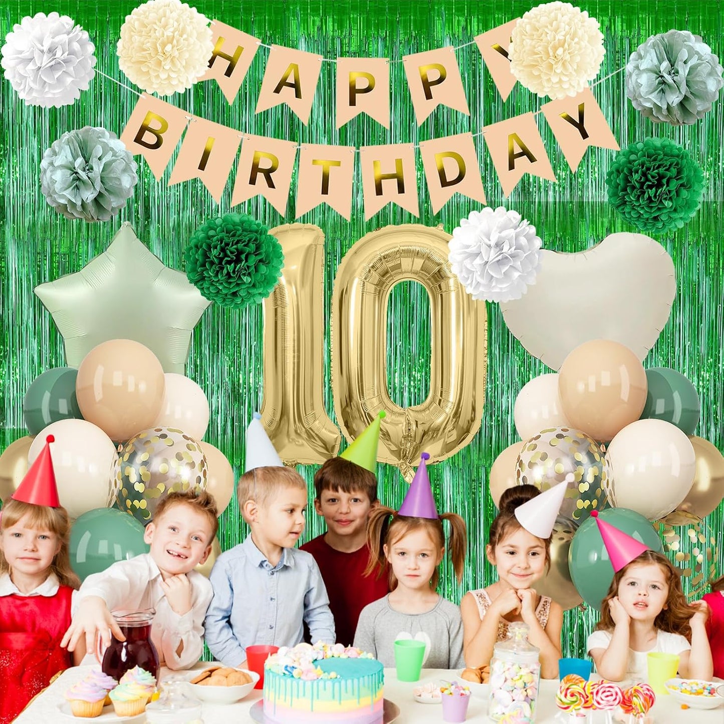 Sage Green 10th Birthday Decorations for Boys Girls Gold Number 10 Balloon Nude Gold Happy Birthday Banner Fringe Curtain Paper Pom Poms Olive Green Cream White Sand Star Foil Balloons Party Decor