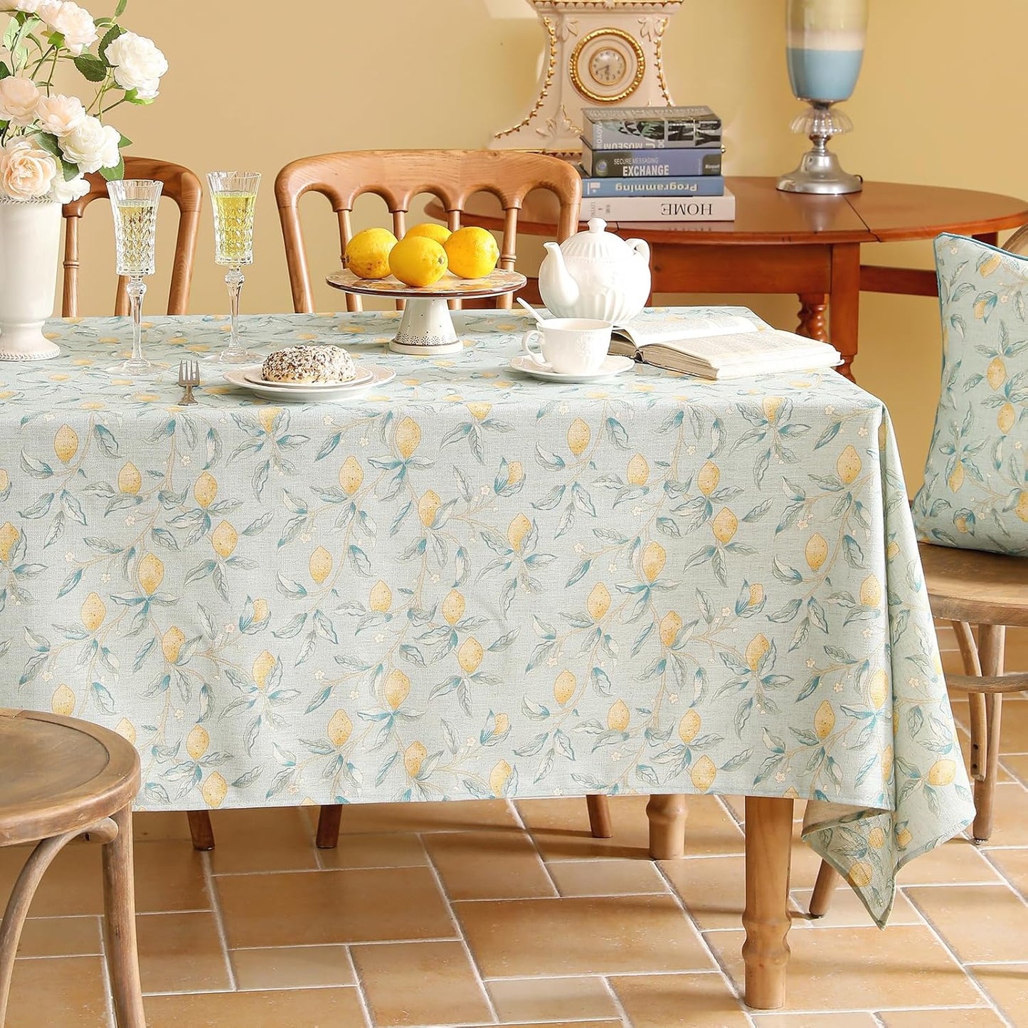 patdrea Designer Linen Green Tablecloth for Rectangle Table,Vintage Breathable Yellow Fruits Pattern Table Cloth,Decoration Cover for Kitchen Dining,Christmas,Thanksgiving,Party,55"x87"-Ania a