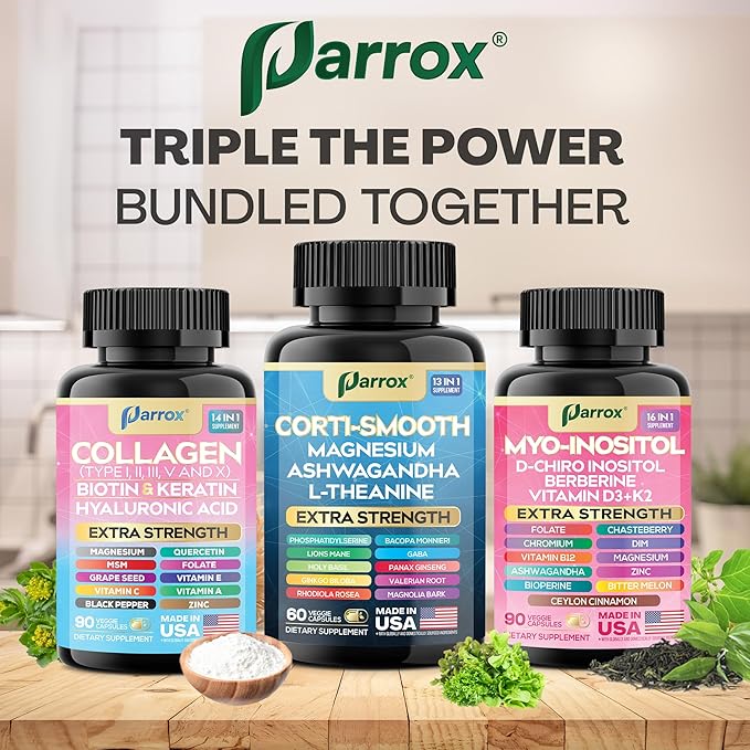 She Shines Set, Collagen Peptides Types I, II, III, V, X, Biotin, Keratin, Myo Inositol, D-Chiro Inositol, DIM, Vitex, Berberine, Cortisol Support, Magnesium, Ashwagandha, L-Theanine Lions Mane
