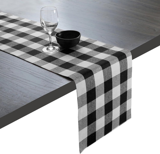 Native Fab Buffalo Check Plaid Table Runner, 100% Cotton, 13x108 Inches, Rustic Farmhouse Kitchen and Dining Décor, Perfect for Weddings, Halloween, Holiday Gatherings, Black and White