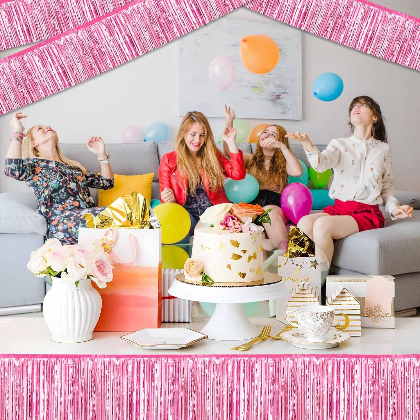 6 Pack 10 Ft Pink Foil Fringe Garland Metallic Streamers Tinsel Banner Wall Hanging Garland Backdrop for Parade Floats, Halloween, Christmas, Thanksgiving, New Year Party Decorations