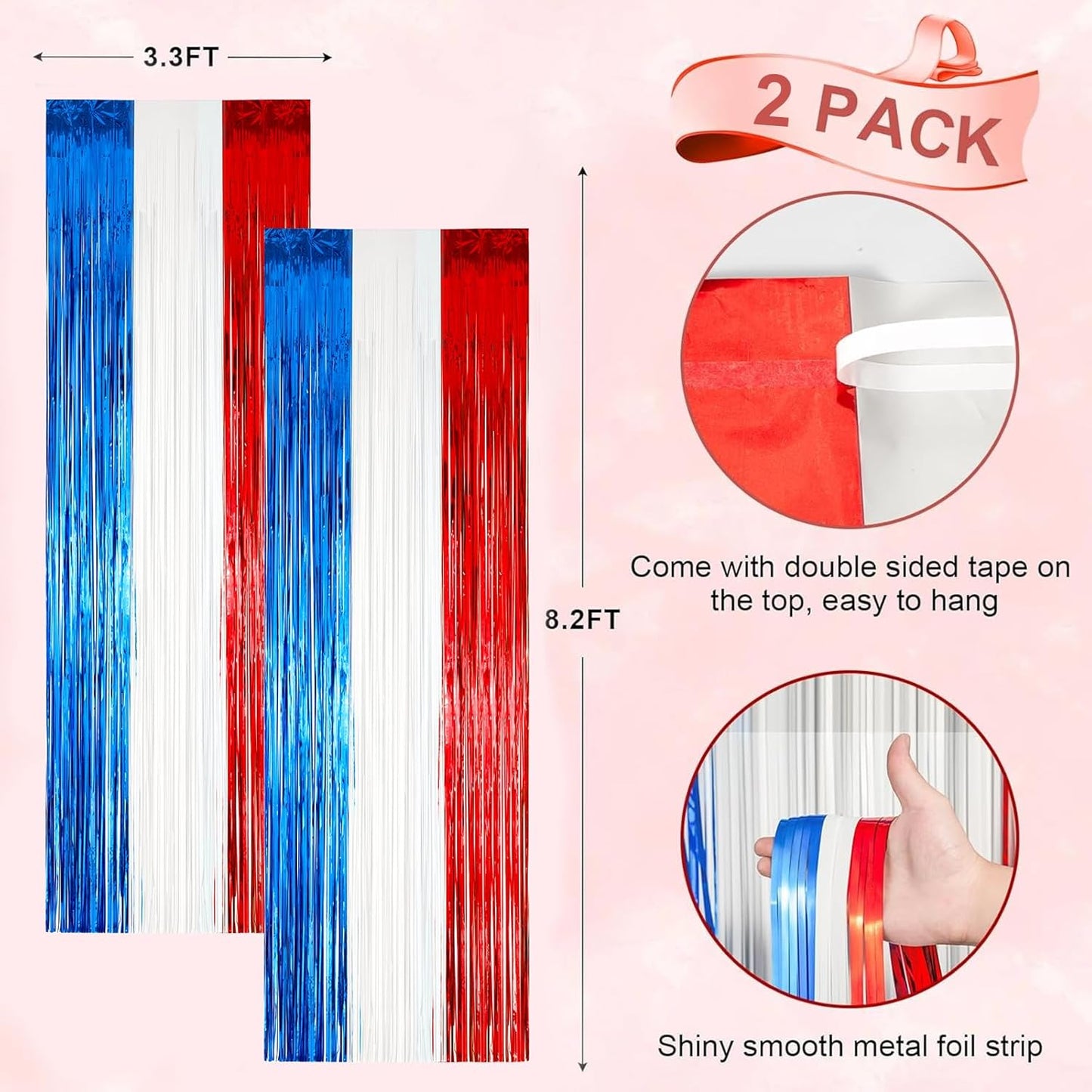 2 Pack Red White and Blue Foil Fringe Backdrop Curtains, Tinsel Streamers Party Decorations, Fringe Backdrop for Patriotic, Memorial Day, 4th of July, Independence Day