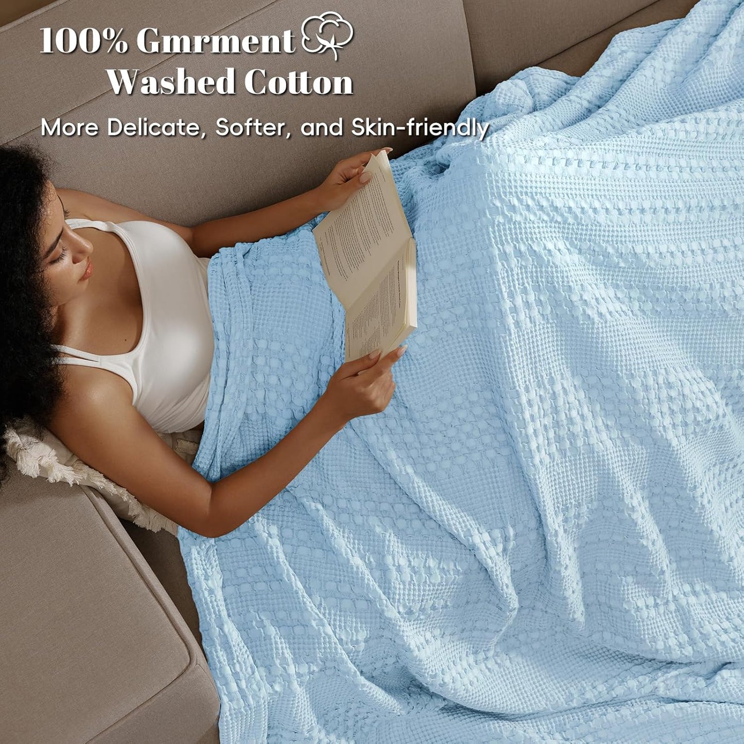 PHF 100% Cotton Waffle Weave Blanket Queen Size for Bed, Soft Lightweight & Breathable, All-Season Comfort, Luxury Aesthetic Woven Bedding for Home Decor, 90"x90", Baby Blue