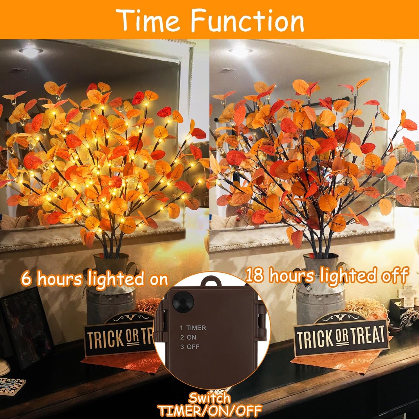 3Pcs Lighted Eucalyptus Leaves Branches, 30” Timer Fall Eucalyptus Stems with Lights,60 LEDs Battery Operated Fall Lighted Tree Branches for vases Home Wedding Table centerpieces Thanksgiving