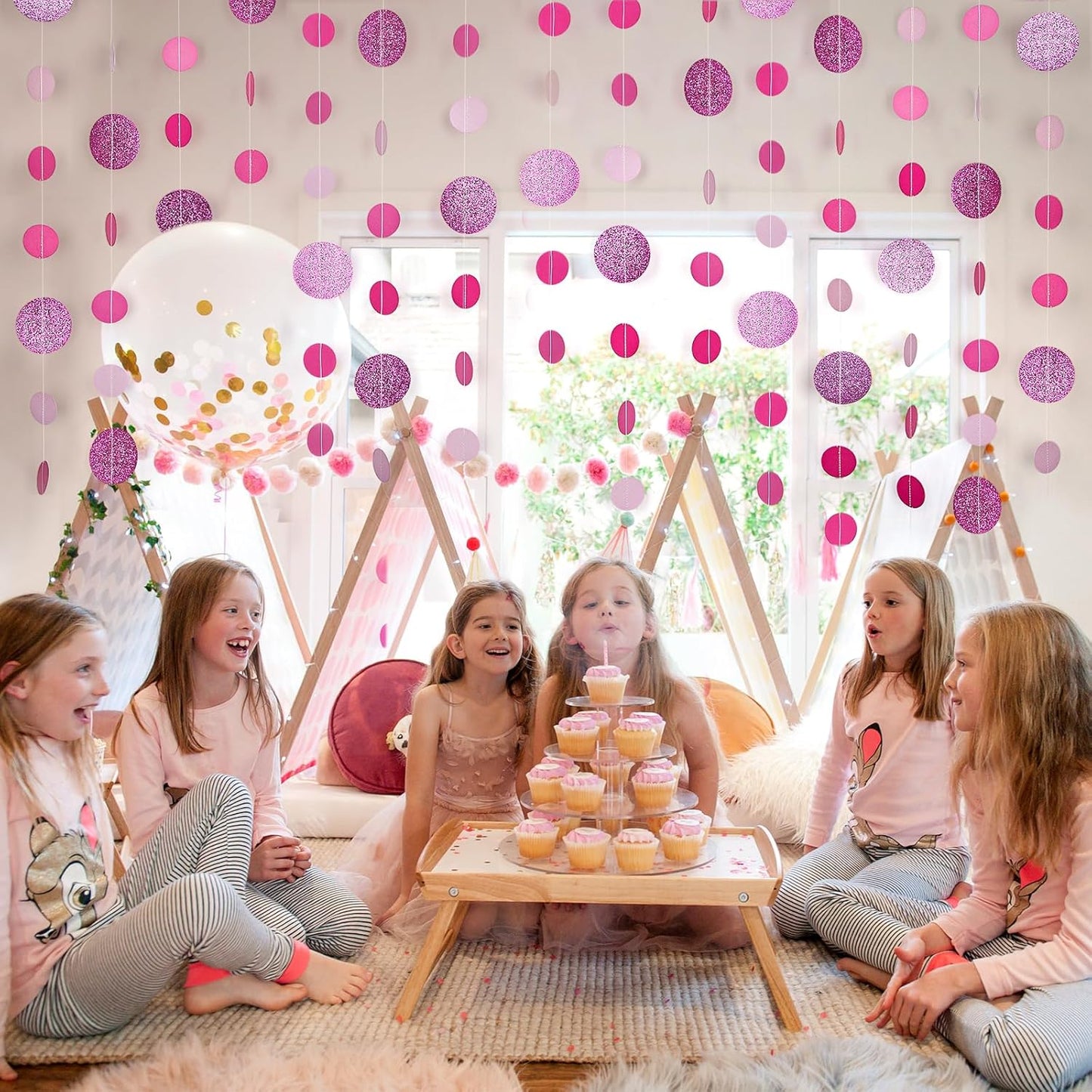 8 Pack Pink Glitter Dot Garland, Hanging Circle Streamers Banner, Backdrop Hanging Decorations for Bridal Showers, Baby Showers, Valentine’s Day, Birthdays, and Romantic Celebrations