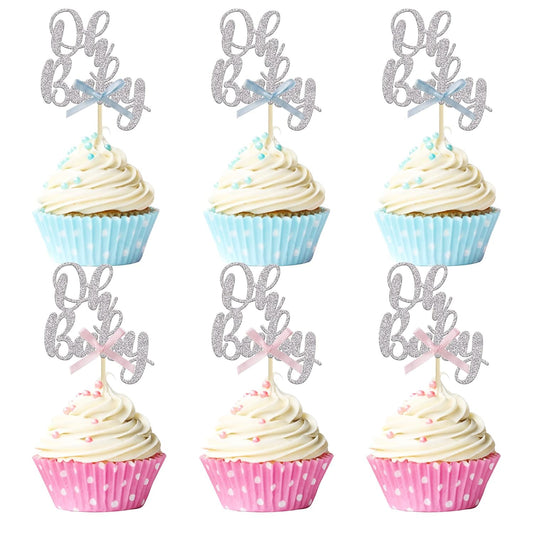 Gyufise 36Pcs Oh Baby Cupcake Toppers with Blue Pink Bowknot Silver Glitter Baby Shower Cupcake Picks Gender Reveal Cupcake Topper Decoration for Gender Reveal Baby Shower Kids Birthday Party Supplies