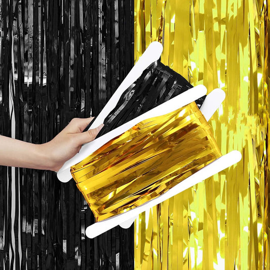 Metallic Tinsel Foil Fringe Curtains Backdrop Black Gold, 2 Pcs 3.28 ft x 6.56 ft Streamers for Birthday Party Graduation New Years Decorations Indoor Outdoor Photo Booth Windows Decoration Supplies