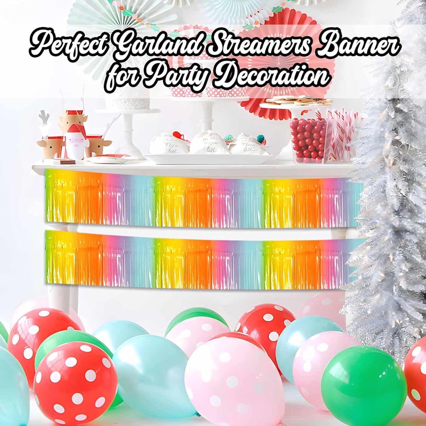 4 Pack 10 Ft Light Rainbow Foil Fringe Garland Metallic Streamers Tinsel Banner Wall Hanging Garland Backdrop for Parade Floats, Halloween, Christmas, Thanksgiving, New Year Party Decorations