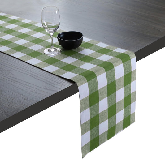 Native Fab Table Runner Buffalo Check Plaid 100% Cotton - 13x90 Inches Kitchen Dining Table Decoration for Indoor Outdoor Farmhouse Home Party Decor - Mint Green and White