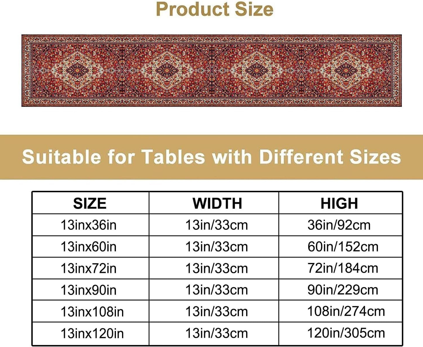 Boho Floral Vintage Table Runner, Paisley Retro Red Flower Rustic Country Farmhouse Abstract Pattern for Home Kitchen Table Decor Dining Coffee Room Party Decor 13x36in