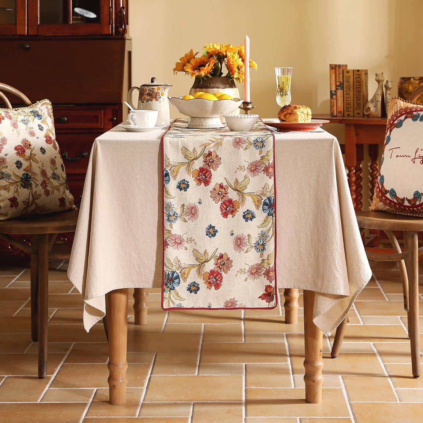 patdrea Designer Farmhouse Linen Thick Table Runner, Rustic Cottage Beige with Floral Pattern Fabric Table Mat, Decoration for Kitchen Dining Thanksgiving New Year Banquet Christmas, 12"*87"