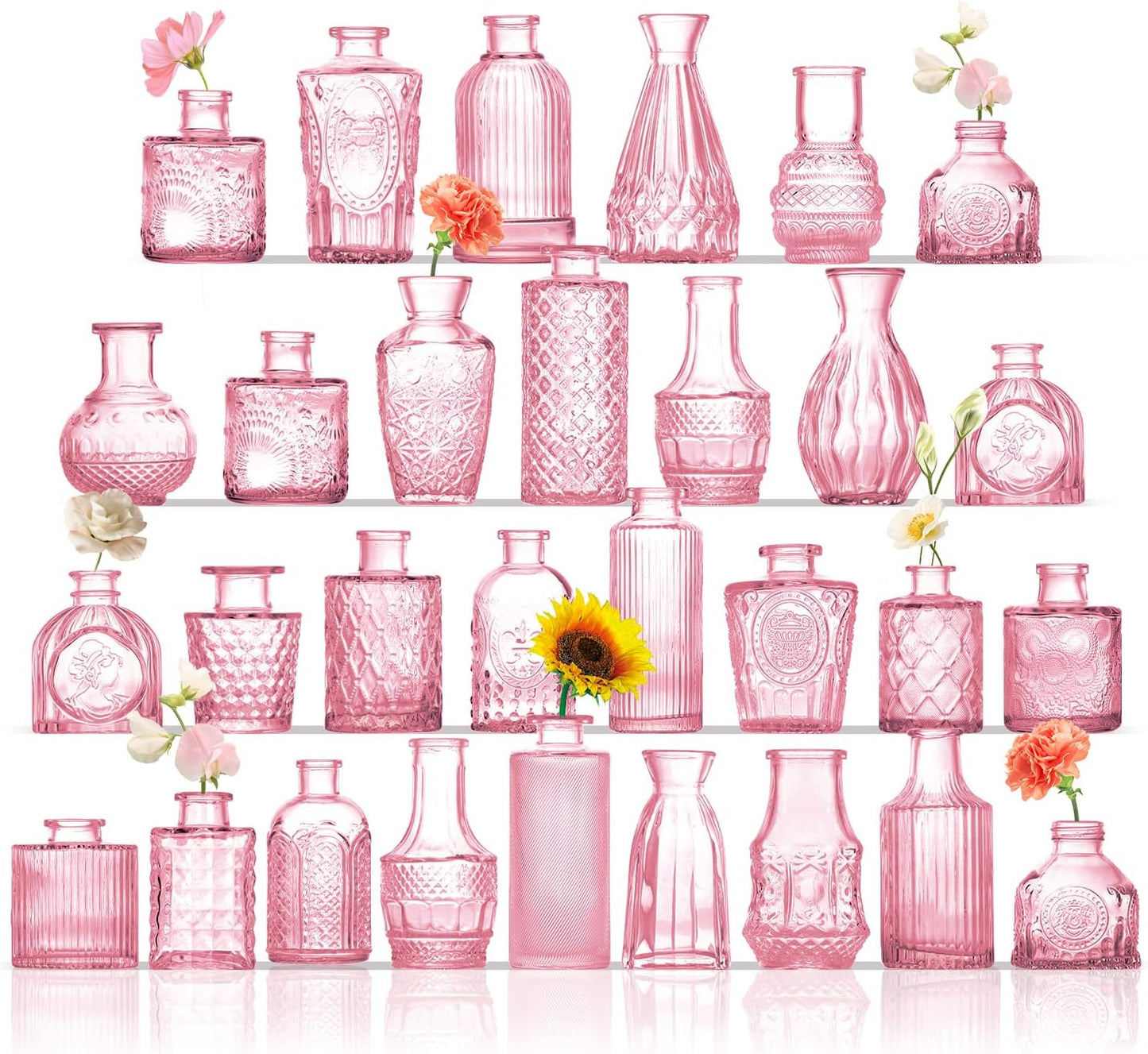 Bud Vases in Bulk 30, Small Vase for Flowers, Small Flower Vase for Centerpieces, Pink Glass Vases for Centerpieces, Mini Vintage Vases for Wedding Table Decor