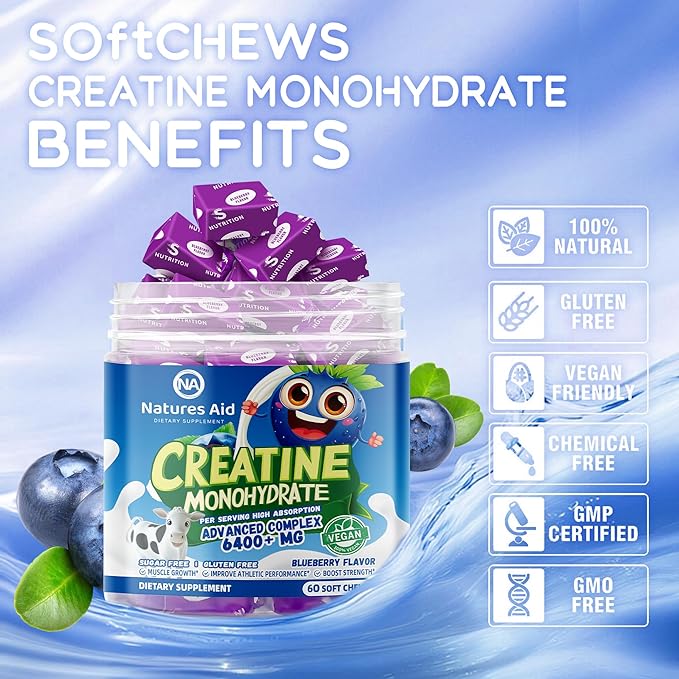 Creatine Monohydrate Chews Complex for Men & Women -Advanced Formula W/L-Taurine + Vitamin B12, Sugar Free Chewable Supplement,60 Blueberry Softchews