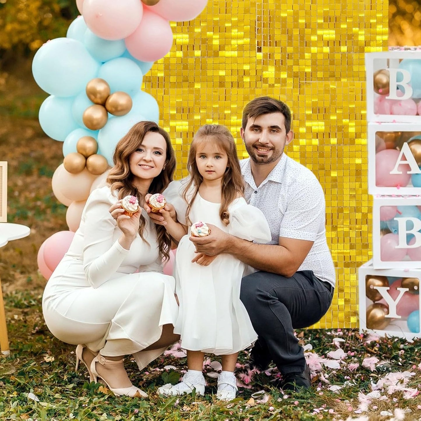 24PCS Gold Shimmer Wall Backdrop, Square Sequin Backdrops Panel, Glitter Wall Background for Birthdays, Weddings, Graduation, Engagements, Disco Bachelorette Party Decoration (4FTx6FT)