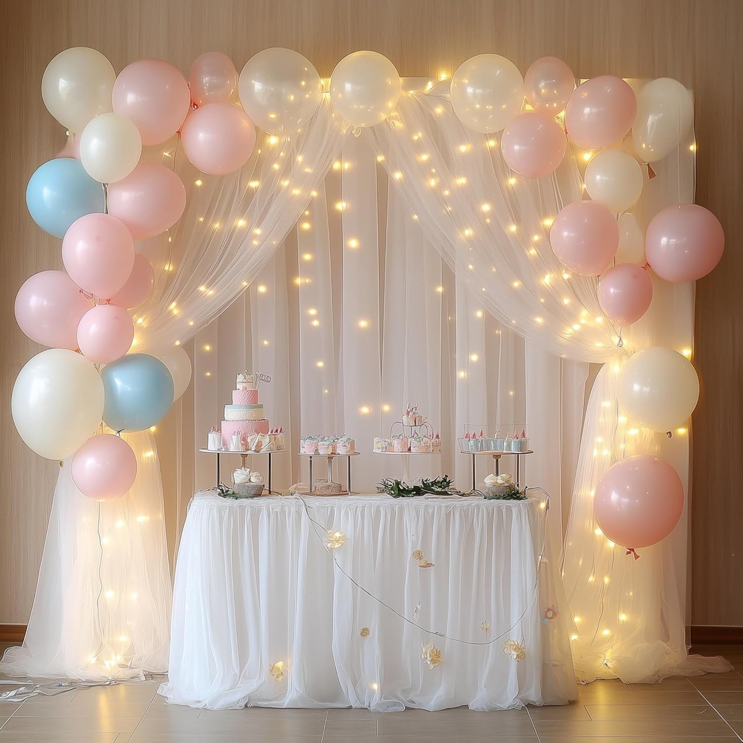 Tulle Backdrop Curtain with Lights String 20 X 8FT White Sheer Tulle Backdrop Curtains for Wedding Birthday Party Reception Photo Booth Background Decorations (4 Panels 5x8FT)