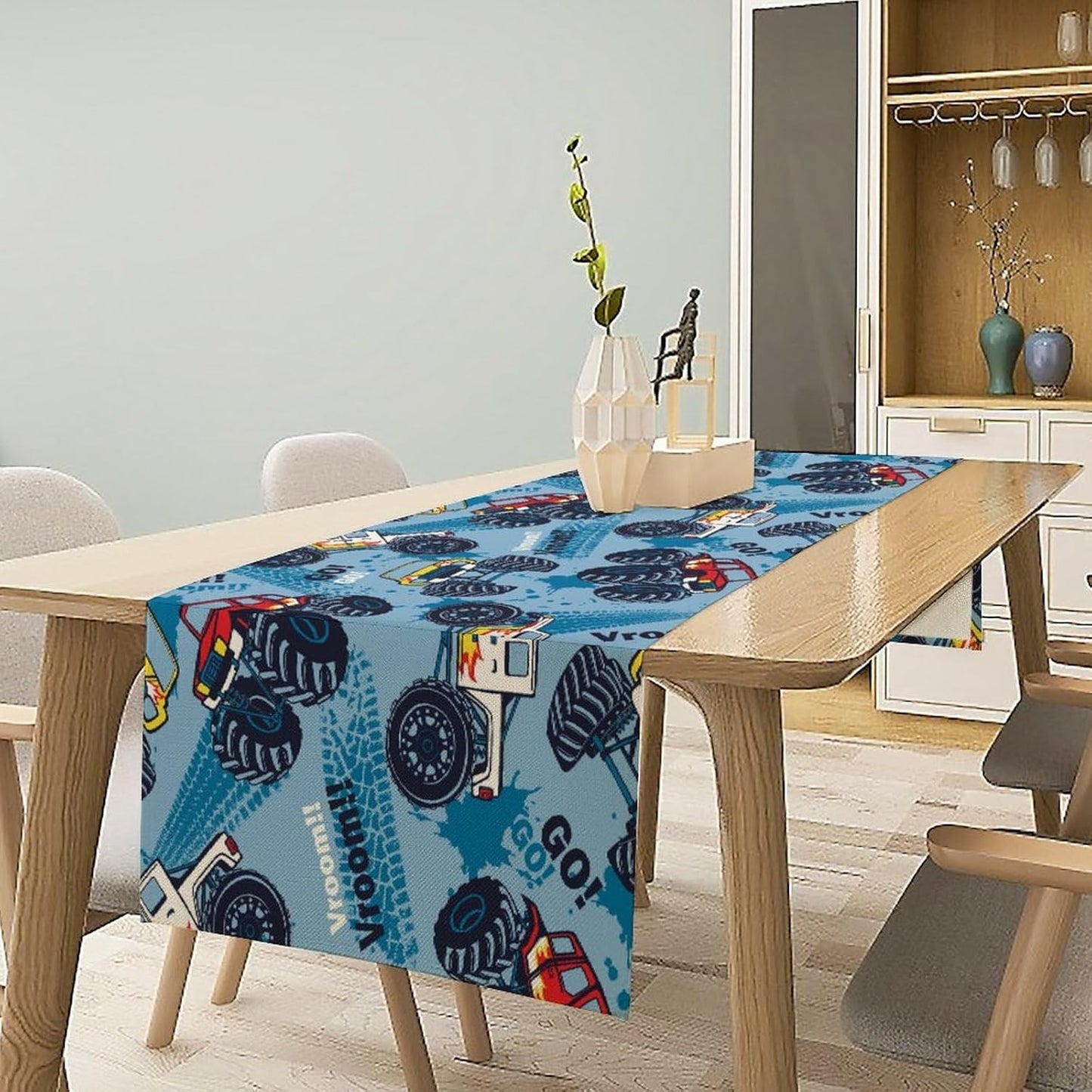 Monster Truck Table Runner,for Kids Boys Cool Colorful Cartoon Blue Cars Pattern Print Tablecloth Burlap for Hotel Indoors Outdoor Dining Room Kitchen Home Decor,W13X L36 in