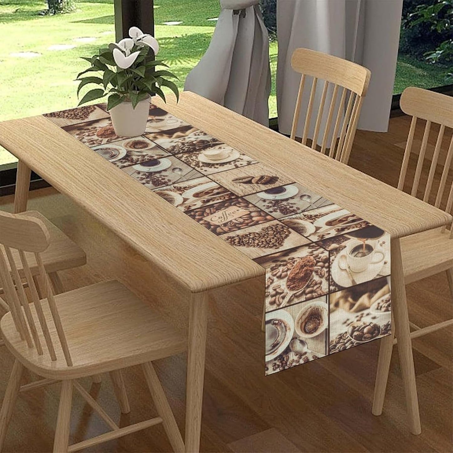 Coffee Theme Table Runner, Rustic Farmhouse Coffee Cup Latte Cappuccino Tea Party Cafe Table Center Decor for Home Kitchen Dining Patio Holiday Party Indoor Outdoor Table Decorations, 13"x72" Inch