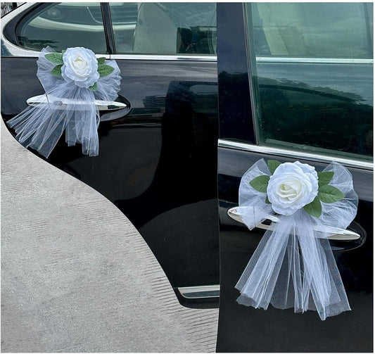 Elegant White Rose Wedding Car Door Handle Decoration – 12cm Artificial Flower with Leaf, White Tulle Bow & Suction Cup Attachment – Set of 4 for Bridal Vehicle Décor