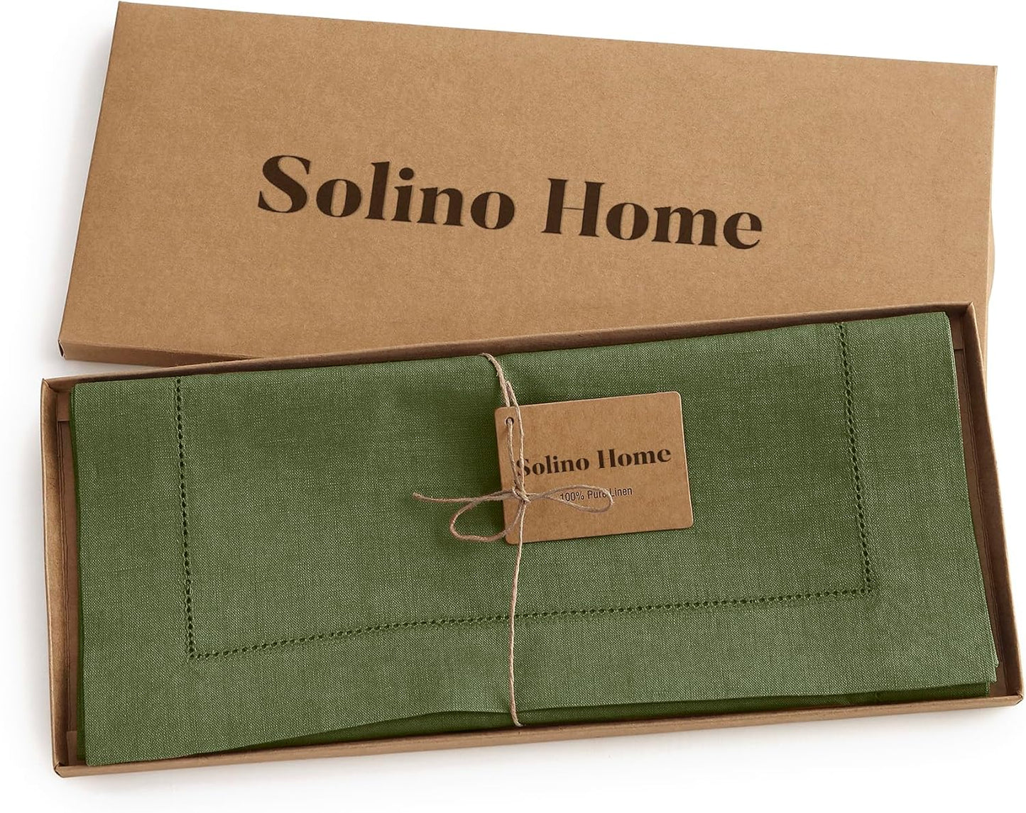 Solino Home Linen Olive Table Runner 72 Inches Long - 100% Pure Linen Hemstitch Table Runner 14 x 72 Inch for Dresser, Dining, Fall, Autumn, Thanksgiving - Classic Hemstitch