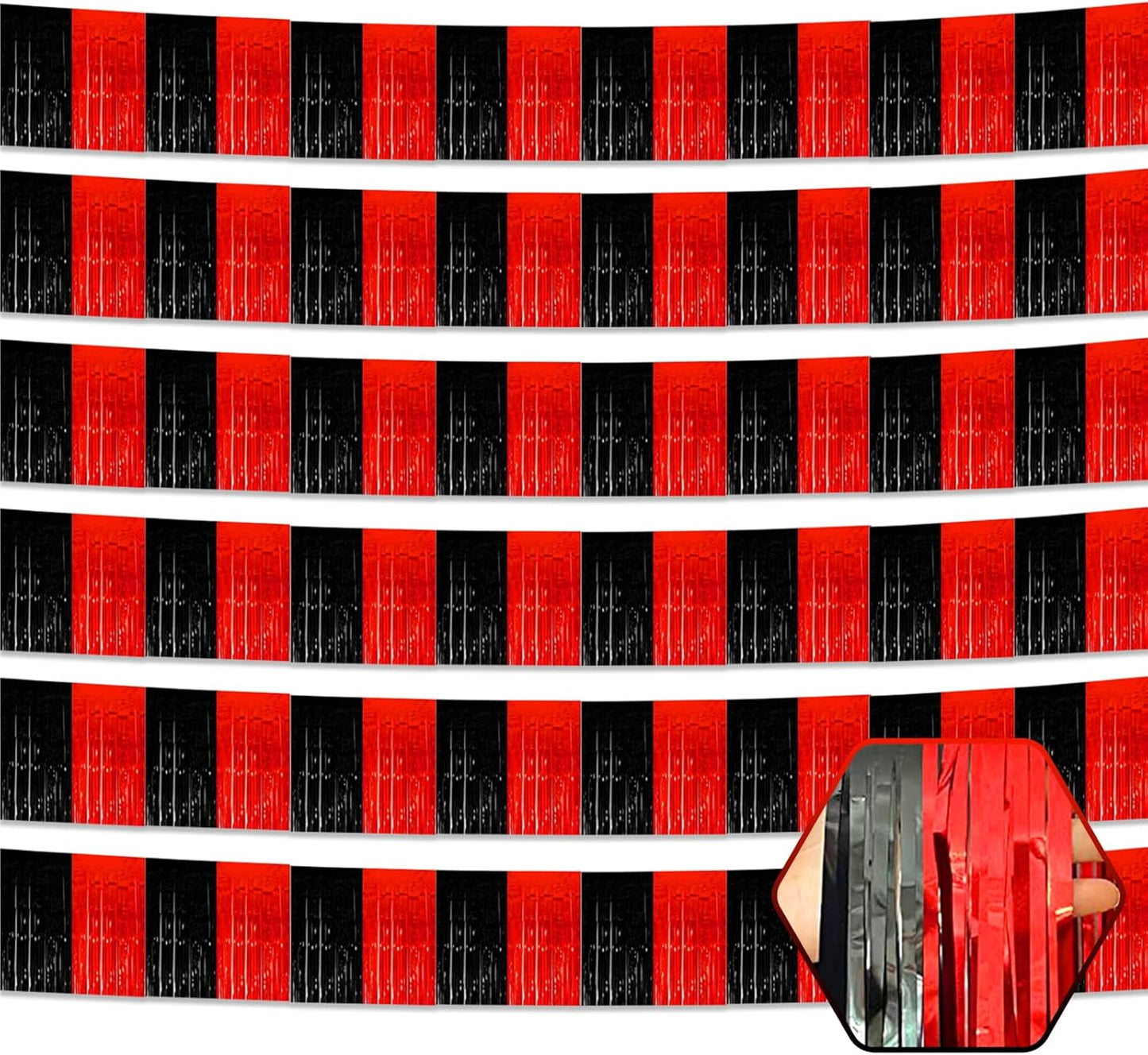 6 Pack 10 Feet Black Red Foil Fringe Garland Metallic Tinsel Streamers Banner Wall Hanging Curtain Backdrop for Parade Floats, Birthday, Graduate, Mother's Day, Wedding Party Decoration