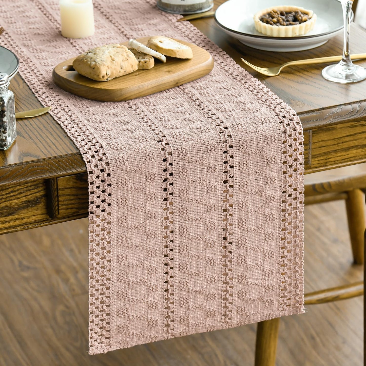 Artoid Mode Pink Farmhouse Woven Rustic Hollow Table Runner, Seasonal Holiday Hollow Kitchen Dining Table Decoration for Home Party Decor 12x48 Inch