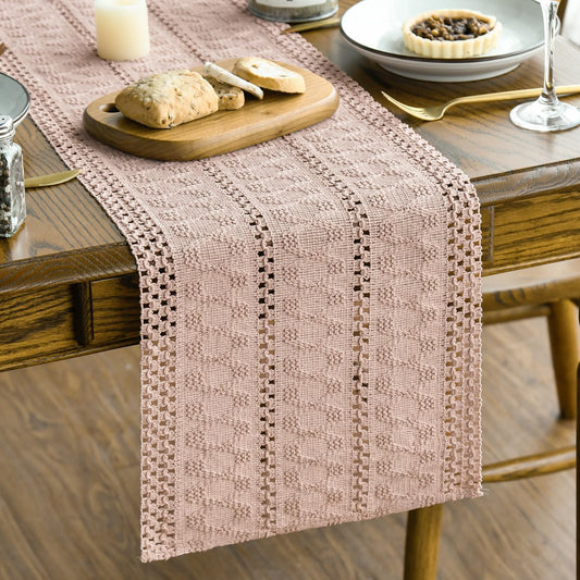Artoid Mode Pink Farmhouse Woven Rustic Hollow Table Runner, Seasonal Holiday Hollow Kitchen Dining Table Decoration for Home Party Decor 12x90 Inch