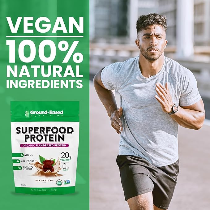 Ground-Based Nutrition Plant-Based Protein– Superfood + Essential Greens Powder – Keto, Paleo, Low Calorie Organic Vegan Protein Powder, Non-GMO, Gluten Free - 14 Servings,Chocolate