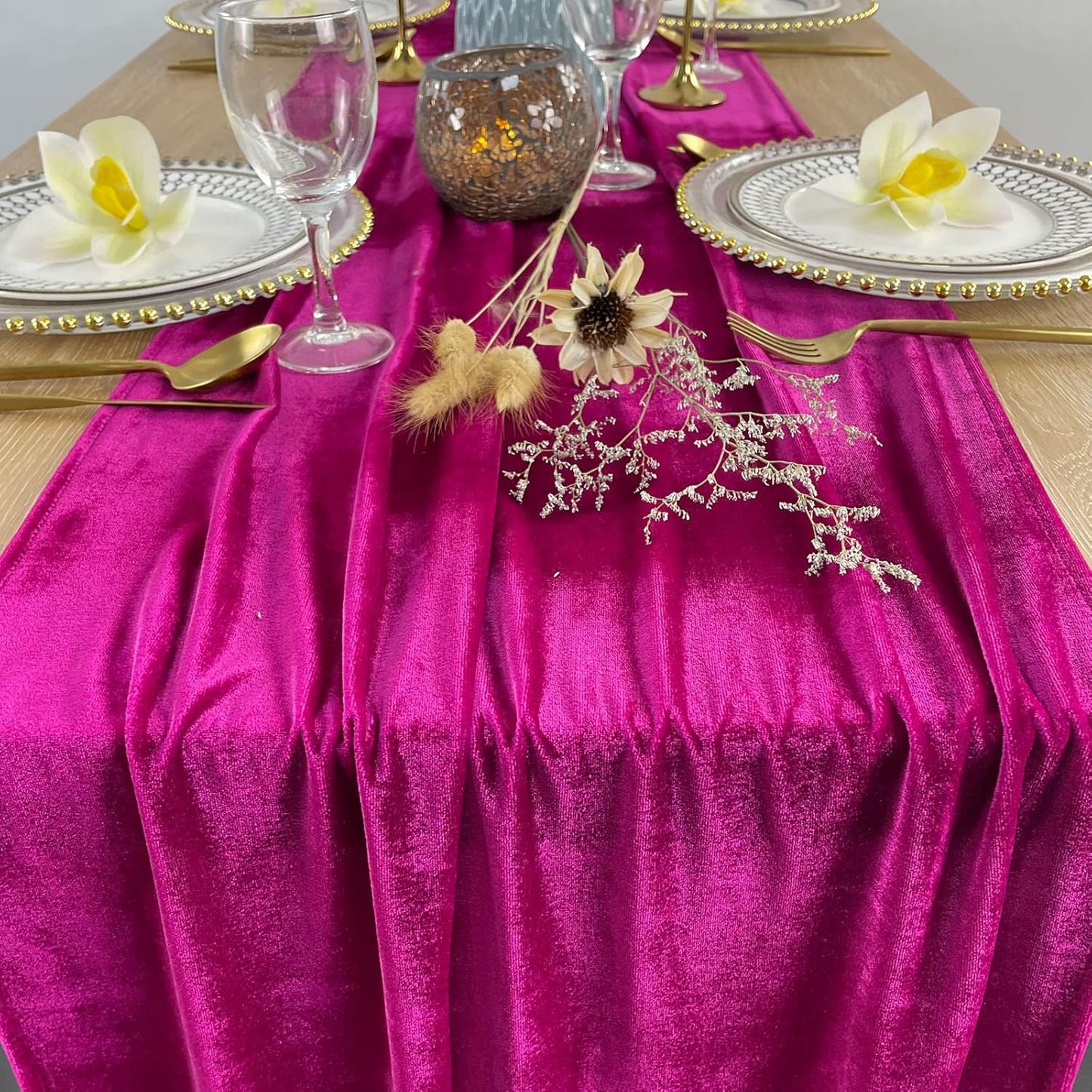 Luxurious Velvet Table Runner, 10ft Wedding Reception Decorations, 20x120inch Soft Velvet Fabric, Table Linen Overlay, Wedding Table Runners (Fuchsia, 20X120inch)