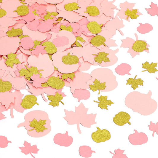 MARFOREVER 350 Pcs Fall Thanksgiving Pink and Gold Pumpkin Maple Leaf Confetti, Little Pumpkin Baby Shower Glitter Confetti Thanksgiving Table Decorations for Autumn Birthday Party Supplies