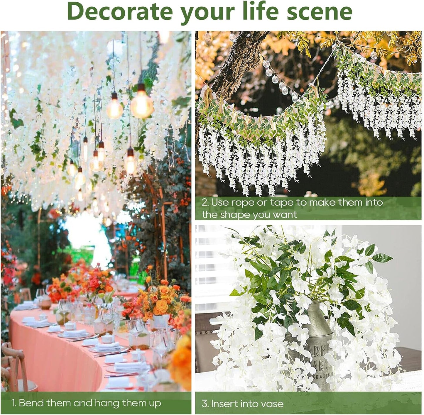 24 Pack White Wisteria Hanging Flowers, 3.4 Ft Fake Hanging Flowers, Artificial Wisteria Garland Vines for Wedding Room Backdrop Outdoor Patio Garden Decoration