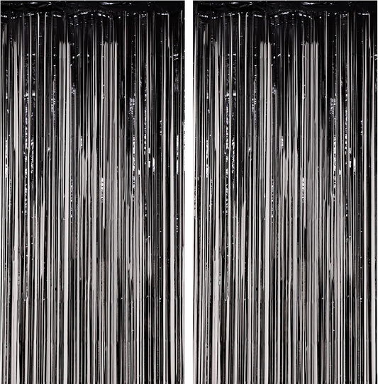 2 Pack Black Foil Fringe Backdrop Curtains, Tinsel Streamers Birthday Party Decorations, Fringe Backdrop for Graduation, Baby Shower, Gender Reveal, Disco Party