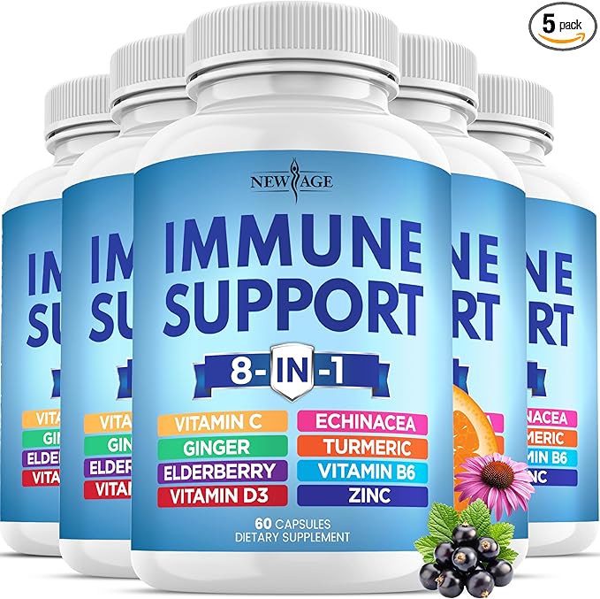 8 in 1 Immune Support Booster Supplement with Echinacea, Vitamin C and Zinc 50mg, Vitamin D 5000 IU, Turmeric Curcumin & Ginger, B6, Elderberry (8 in 1 Capsules (Pack of 5))
