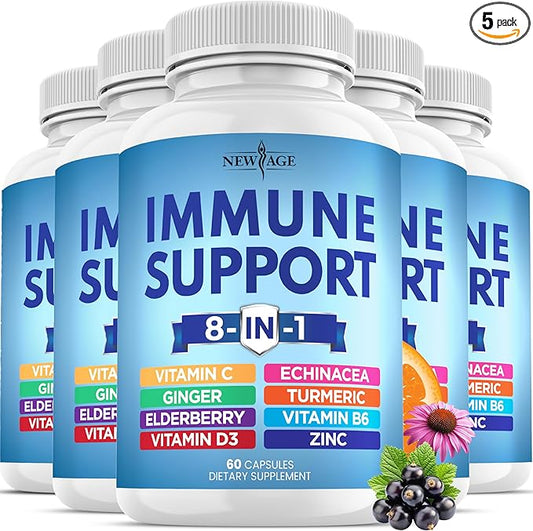 8 in 1 Immune Support Booster Supplement with Echinacea, Vitamin C and Zinc 50mg, Vitamin D 5000 IU, Turmeric Curcumin & Ginger, B6, Elderberry (8 in 1 Capsules (Pack of 5))