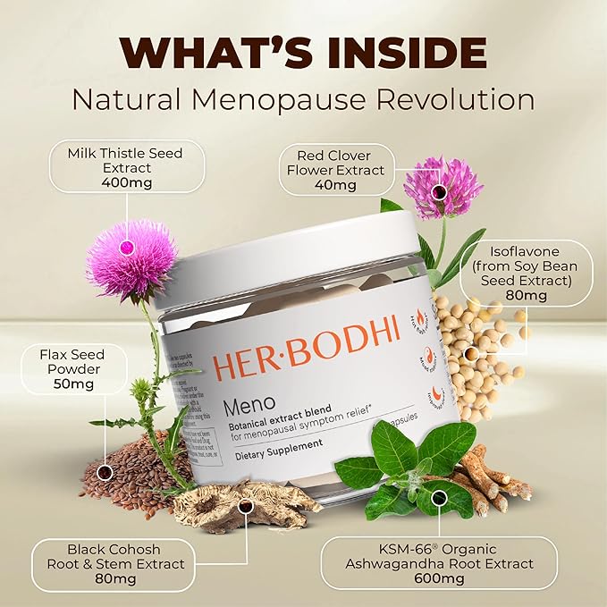 Meno- Menopause Hormonal Balance for Women, Estrogen Soy Isoflavones Menopause Supplement for Women, Ashwagandha, Black Cohosh Hot Flashes Menopause Relief, Night Sweats Relief 120Caps