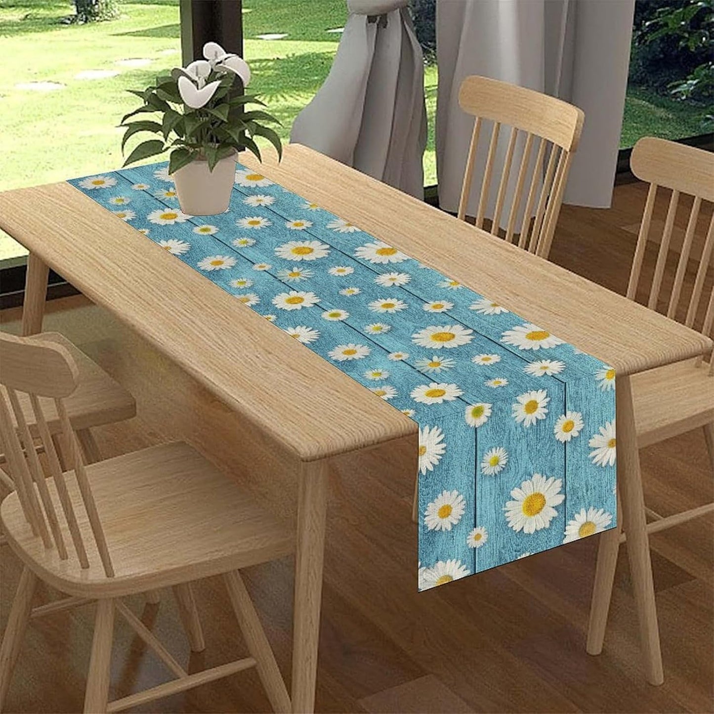 Daisy Floral Table Runner, Farmhouse Abstract Spring Seasonal Summer Blue White Flower Rustic Table Center Decor for Home Kitchen Dining Patio Holiday Party Indoor Table Decorations, 13"x90" Inch