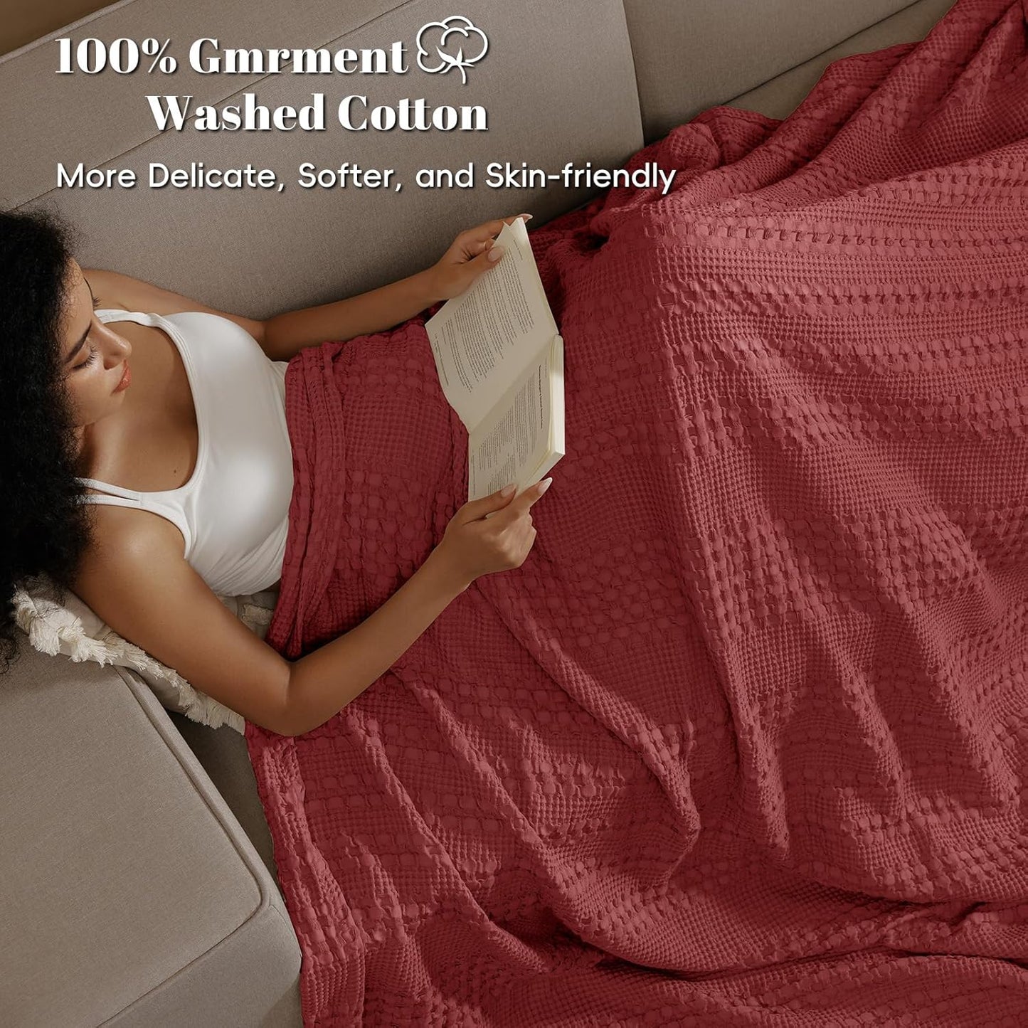 PHF 100% Cotton Waffle Weave Blanket Twin Size for Bed, Soft Lightweight & Breathable, All-Season Comfort, Luxury Aesthetic Woven Bedding for Home Decor, 66"x90", Wine Red