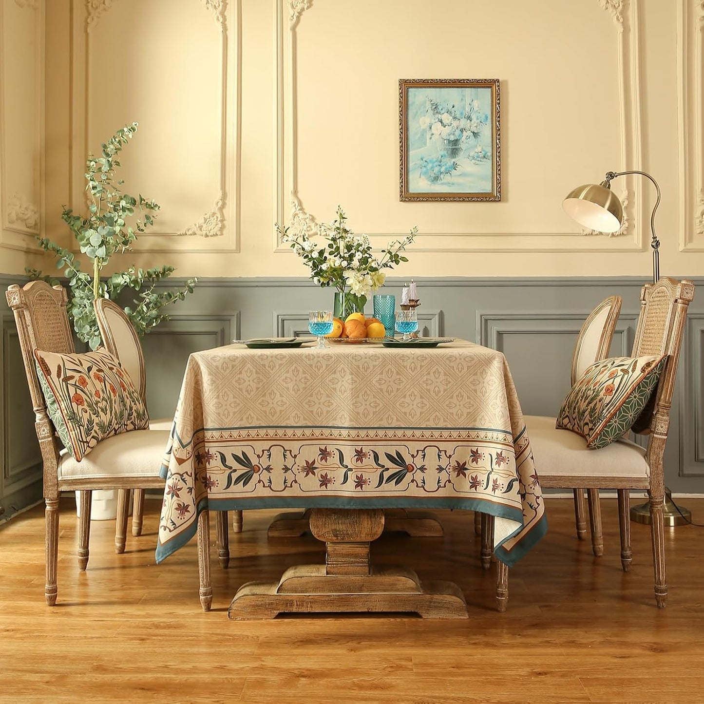 patdrea Designer French Small Rectangular Tablecloth,Beige Anti-Wrinkle Durable Floral Farmhouse Table Cloth,Decor Tables Covers for Kitchen Dining,Tea Party,Christmas,Thanksgiving,55"x71"-Fram