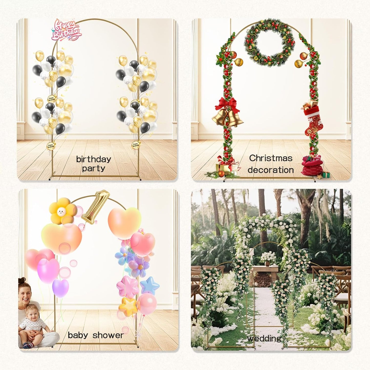 Metal Arch Backdrop Stand Set- Heavy Duty Rust-Proof Wedding Decoration Frame with Crossbar Base - Easy Assembly for Party, Photo Booth, Balloon & Flowers Decor (Gold, 6.6FT)