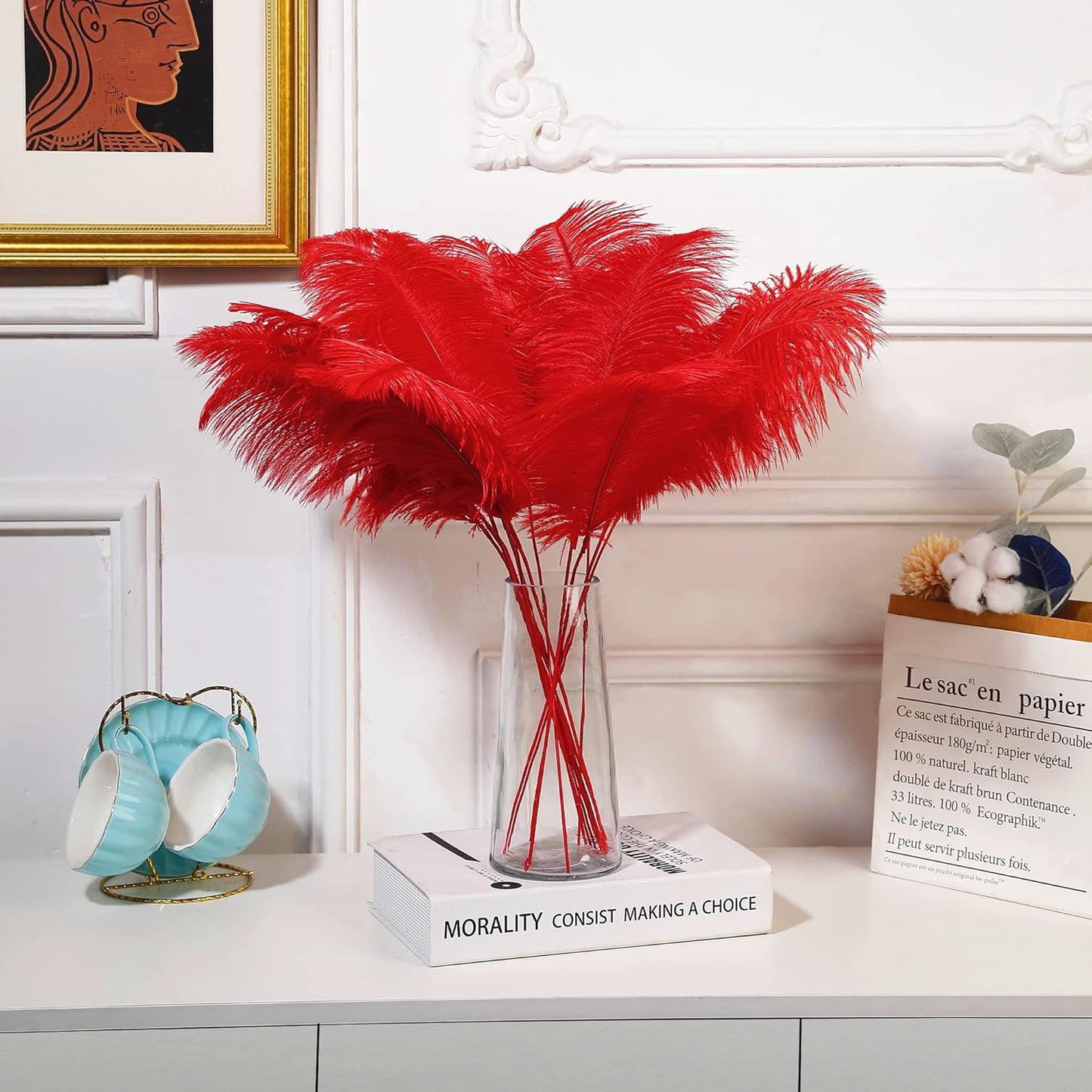 Holmgren Red Ostrich Feathers for Vase - 20pcs Making Kit 22 Inch Long Ostrich Feathers for Vase, Floral Arrangement, Wedding Party Centerpieces Home Decorations (Red)