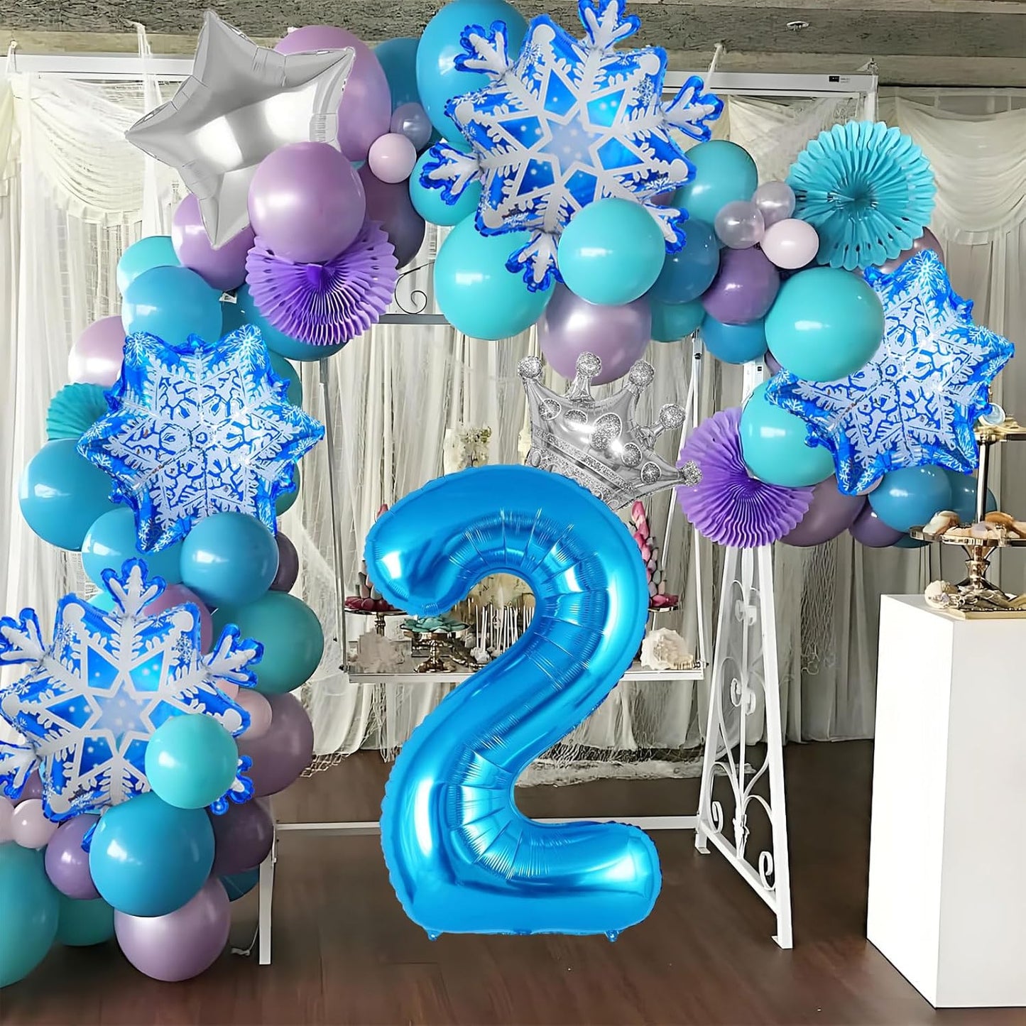 8Pcs Winter Wonderland Decorations - 40inch Blue Number 2 Balloons - Snowflake Mylar Balloons for Winter Wonderland Party Decorations - Birthday Decoration