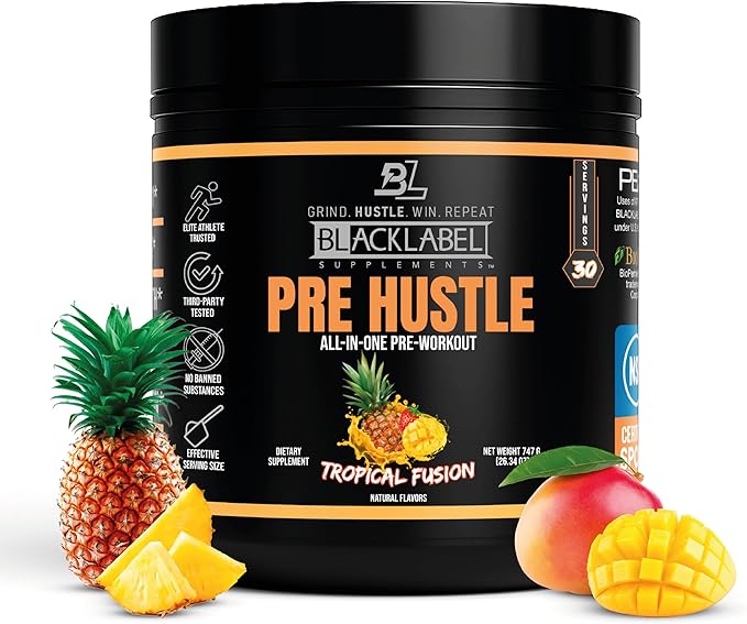 BLACKLABEL Supplements PRE Hustle V3 Pre-Workout Powder – NSF Certified for Sport – Energy, Strength & Endurance Support – Tropical Fusion Flavor – with Creatine & Caffeine – 30 Servings