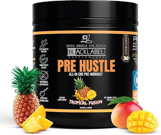 BLACKLABEL Supplements PRE Hustle V3 Pre-Workout Powder – NSF Certified for Sport – Energy, Strength & Endurance Support – Tropical Fusion Flavor – with Creatine & Caffeine – 30 Servings