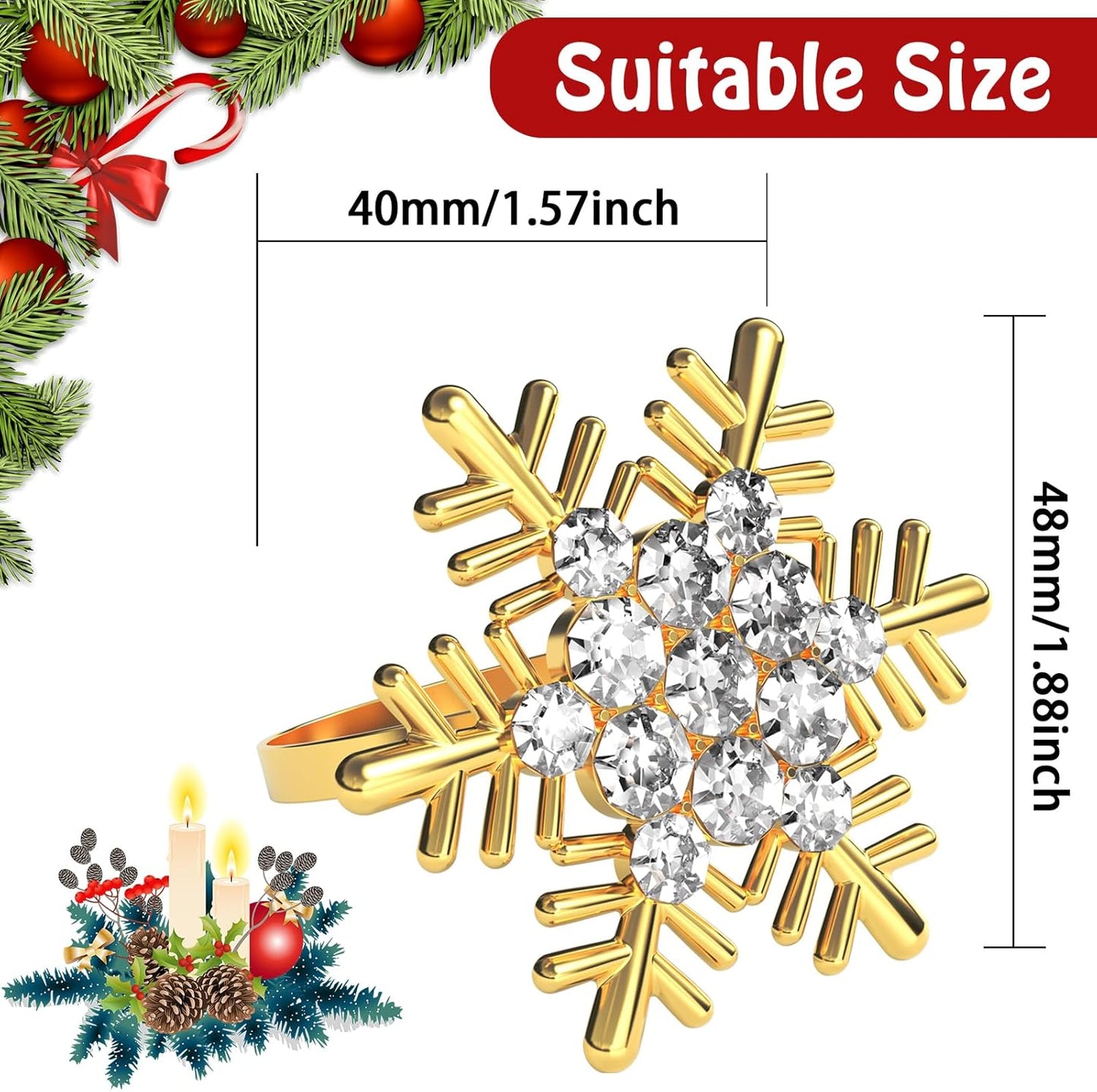 Halatool Christmas Napkin Rings Set of 8, Gold Snowflake with White Rhinestone Napkin Holder for Christmas Thanksgiving Winter Holiday Place Setting, Weddings, Party Table Decoration