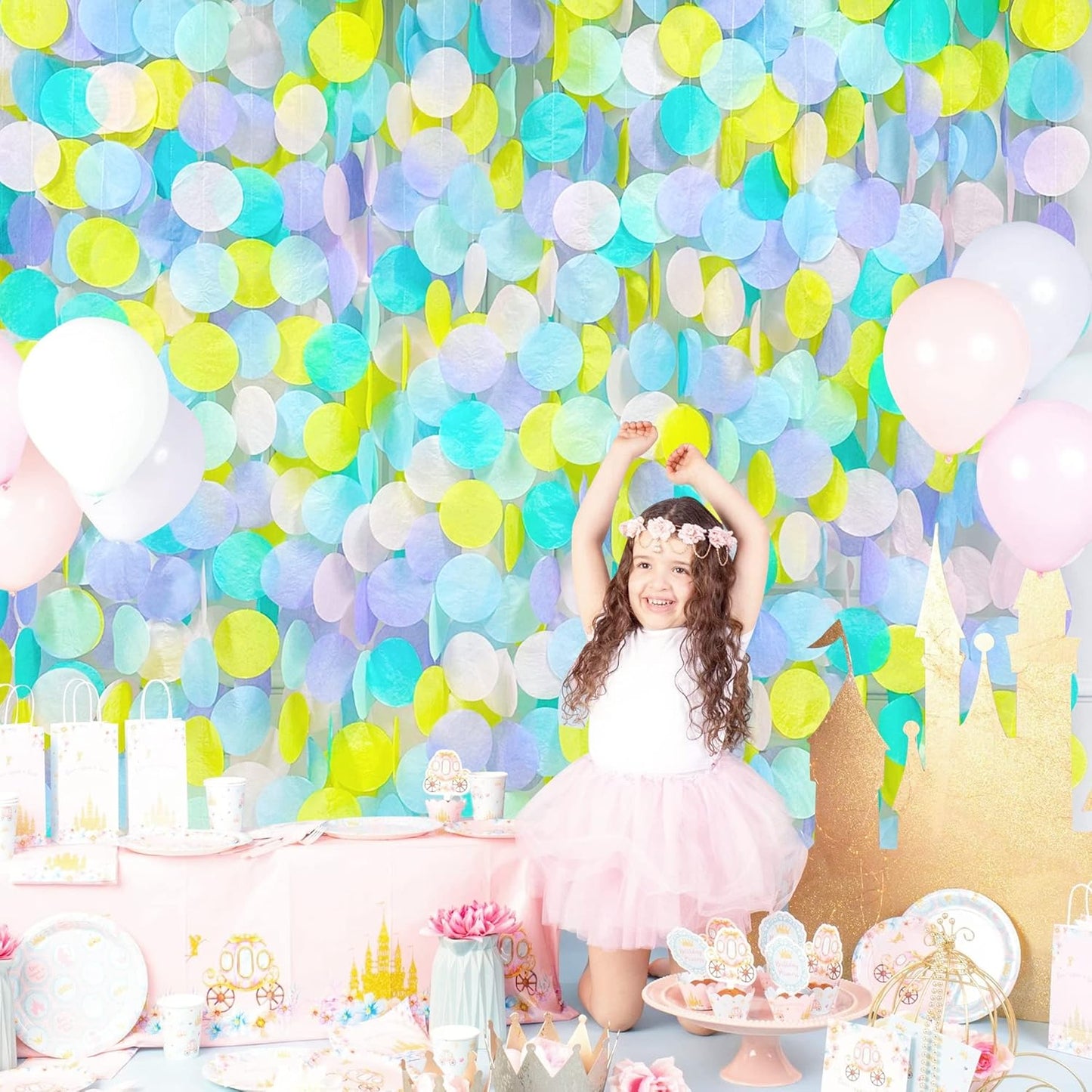 205Ft Pastel Party Decorations Big Circle Dot Backdrop Garland Pastel Tissue Paper Polka Dots Hanging Curtain Streamer for Birthday Bachelorette Wedding Engagement Baby Shower Macaron Party Supplies